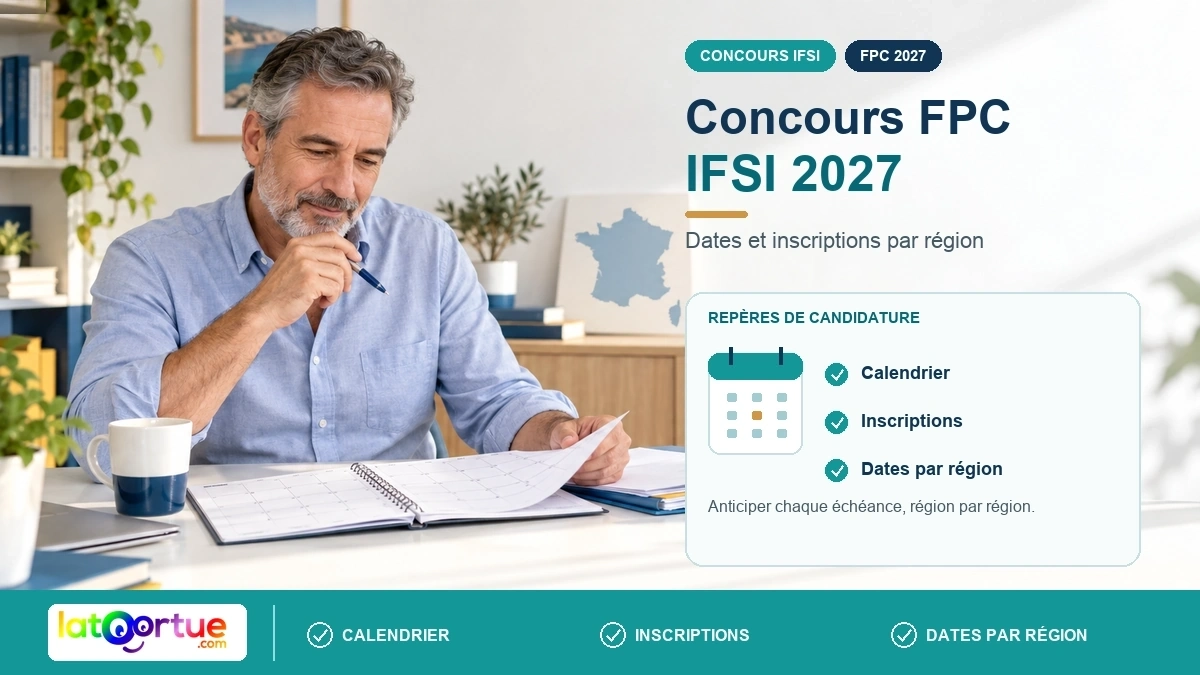 Un candidat FPC consulte un calendrier et prépare son dossier d’inscription IFSI.