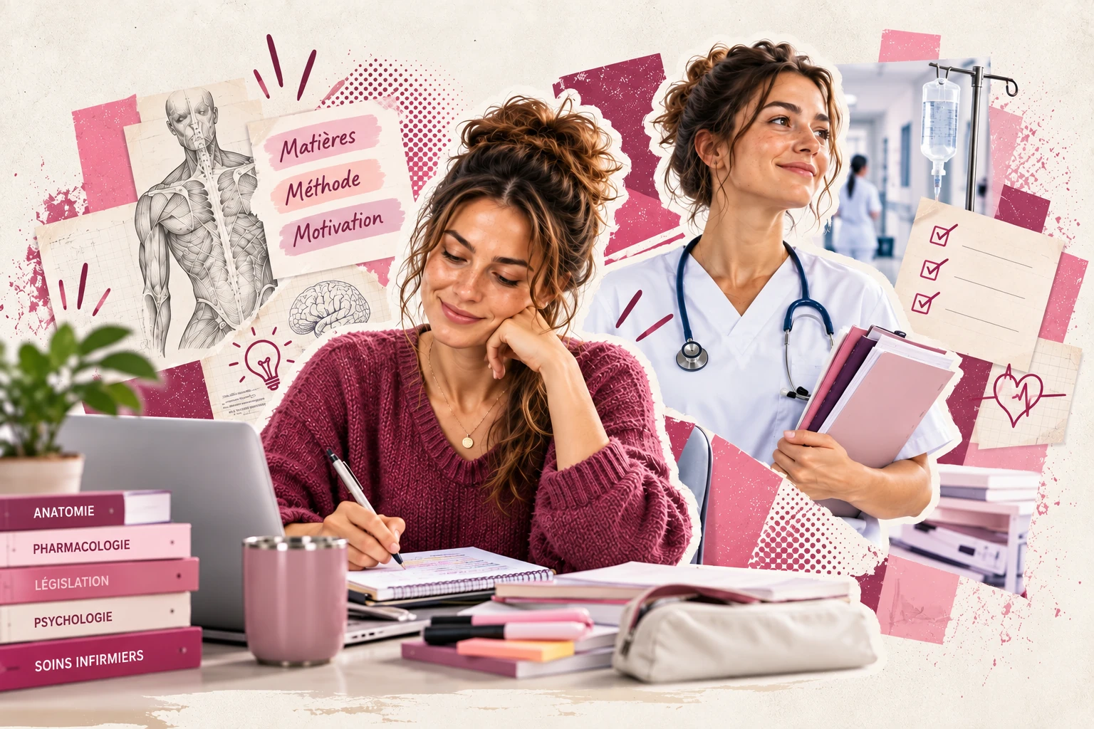 Étudiante préparant sa première année en IFSI, entre révisions et découverte des soins infirmiers