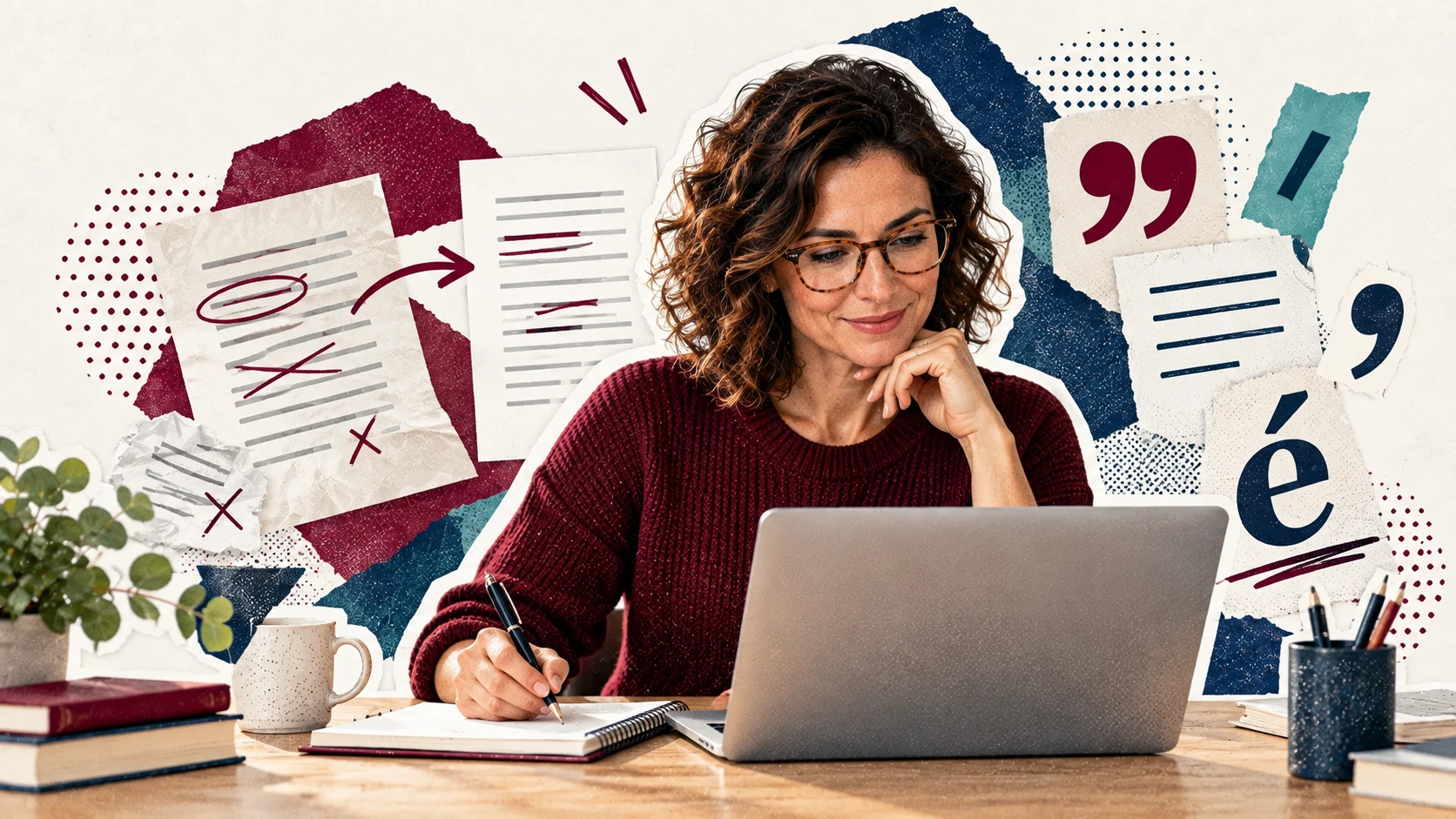 Adulte suivant une formation en ligne de remise à niveau en français écrit avec ordinateur, cahier et supports de correction