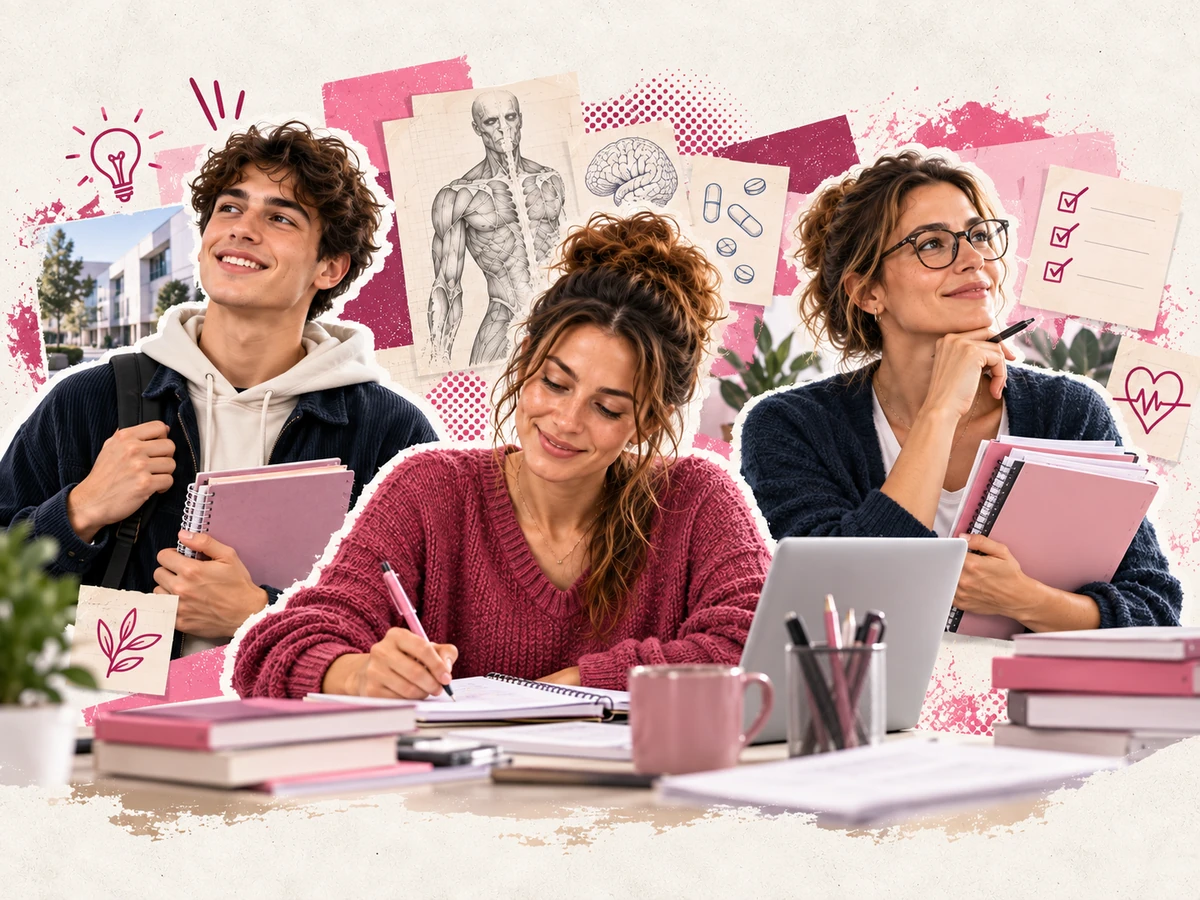Trois futurs étudiants préparant leur rentrée en IFSI avec des supports liés à l’anatomie, à la méthode et aux soins infirmiers