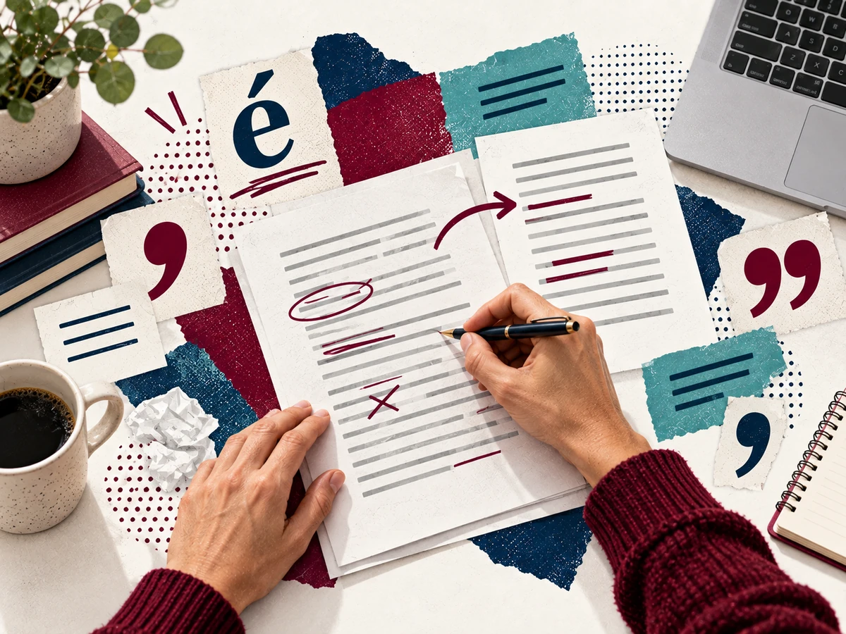 Adulte corrigeant et travaillant un document écrit dans le cadre d’une remise à niveau en français