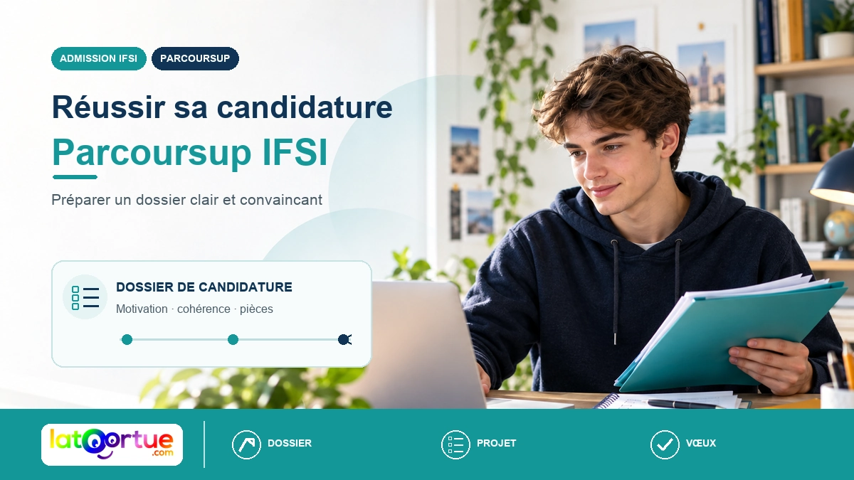 Jeune candidat consulte son dossier sur ordinateur avec une checklist Parcoursup IFSI.